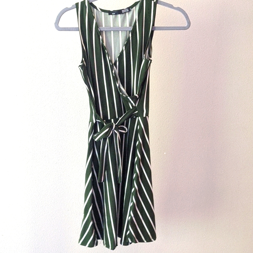 Green and White Striped Faux Wrap Dress